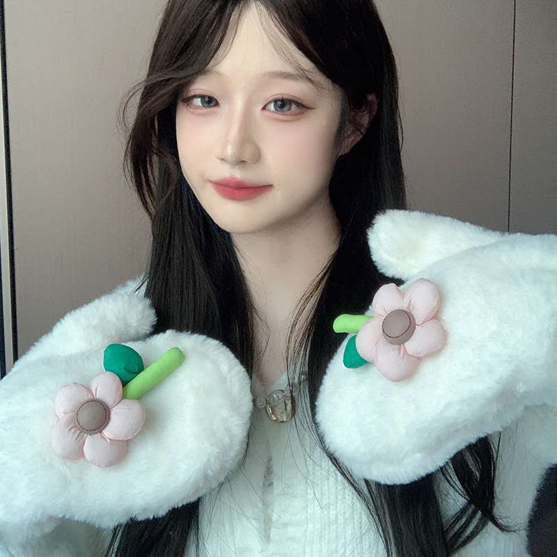 卡通手套女秋冬天学生加绒加厚保暖毛绒可爱小雏菊全指厚韩版