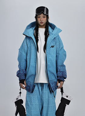 KEEPMONEY字母渐变蓝黑色滑雪服套装男户外防水耐磨保暖雪服女