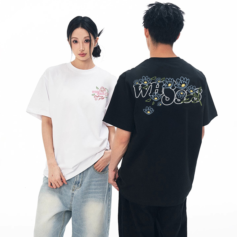 WHSSIS美式复古花卉字母印花T恤