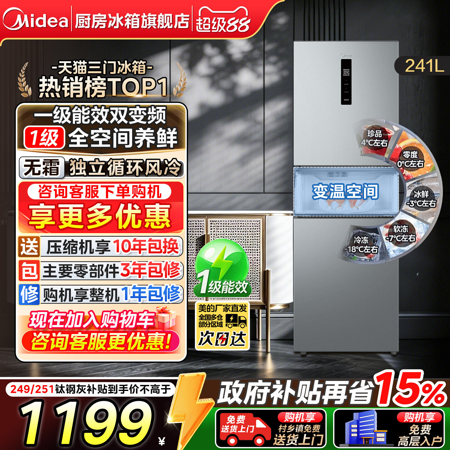 美的249/251/283三门一级电冰箱图片