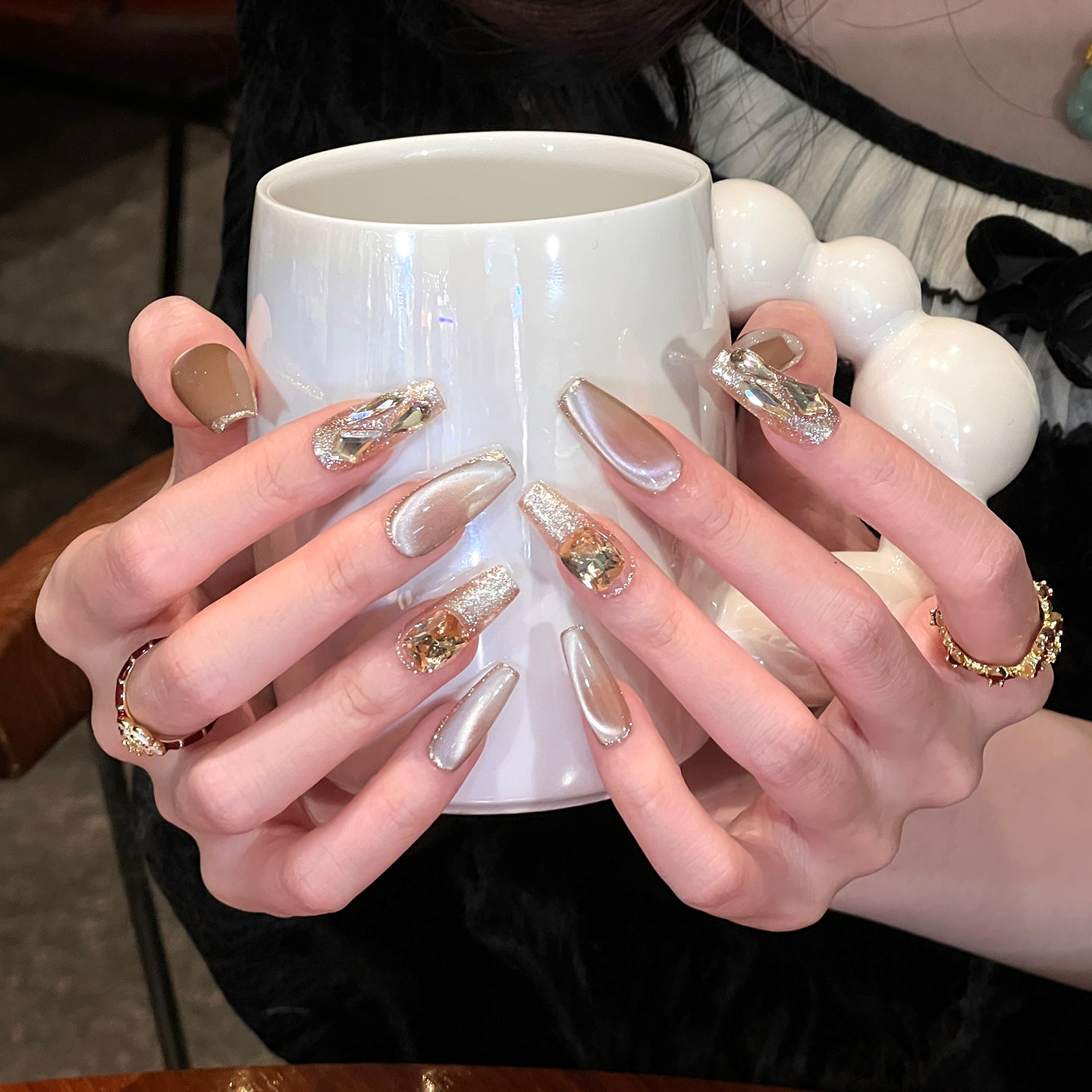 植兔手工穿戴甲新款高级感鎏金美拉德猫眼美甲秋冬中长款轻奢贴片,彩妆/香水/美妆工具,穿戴甲/甲片,淘宝优惠券,粉丝福利购,淘宝优惠卷