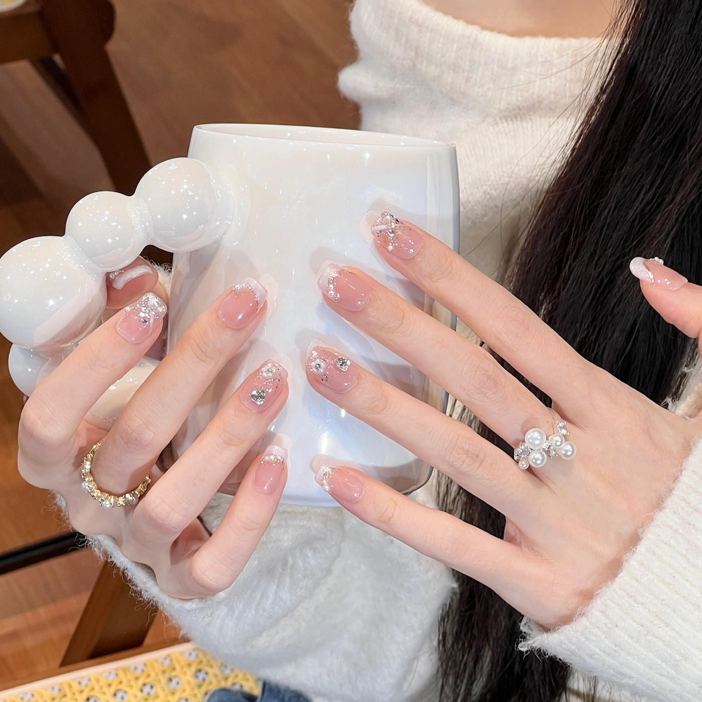 植兔冰透渐变法式短款手工穿戴甲裸色晕染显白美甲可拆卸珍珠贴片,彩妆/香水/美妆工具,穿戴甲/甲片,淘宝优惠券,粉丝福利购,淘宝优惠卷