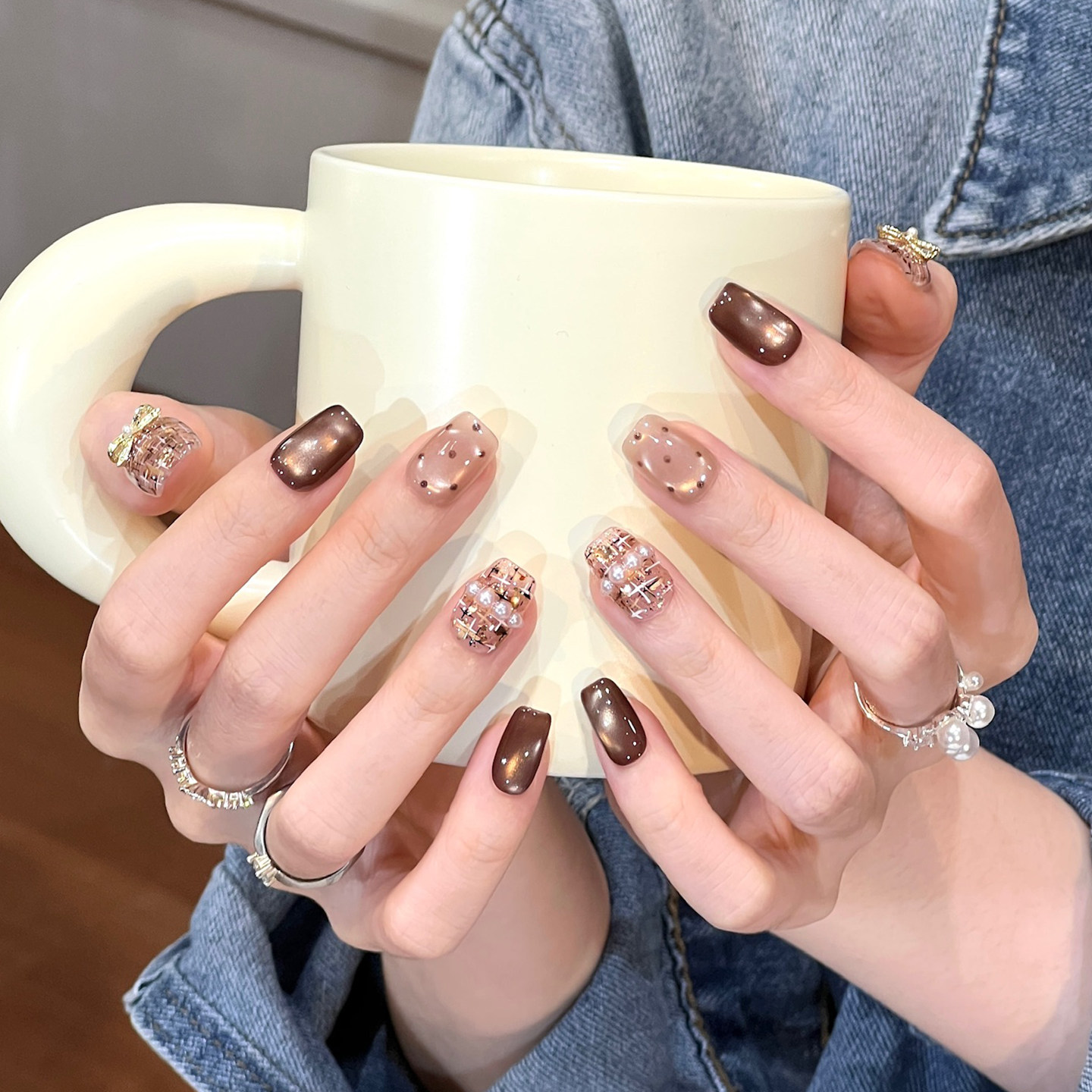 植兔小香风格纹美甲穿戴甲短款高级感美拉德猫眼显白美甲手工指甲,彩妆/香水/美妆工具,穿戴甲/甲片,淘宝优惠券,粉丝福利购,淘宝优惠卷