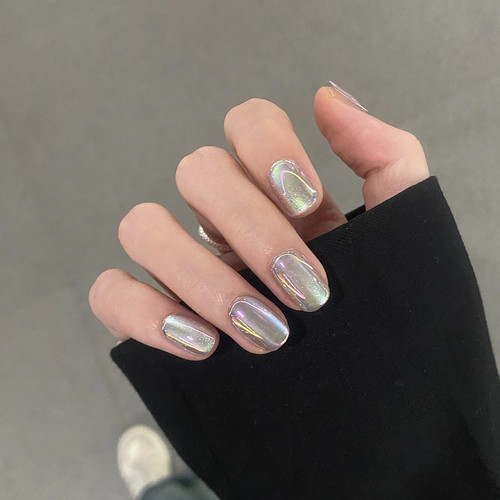 极光猫眼美甲穿戴甲手工短款玻璃珠显白美甲