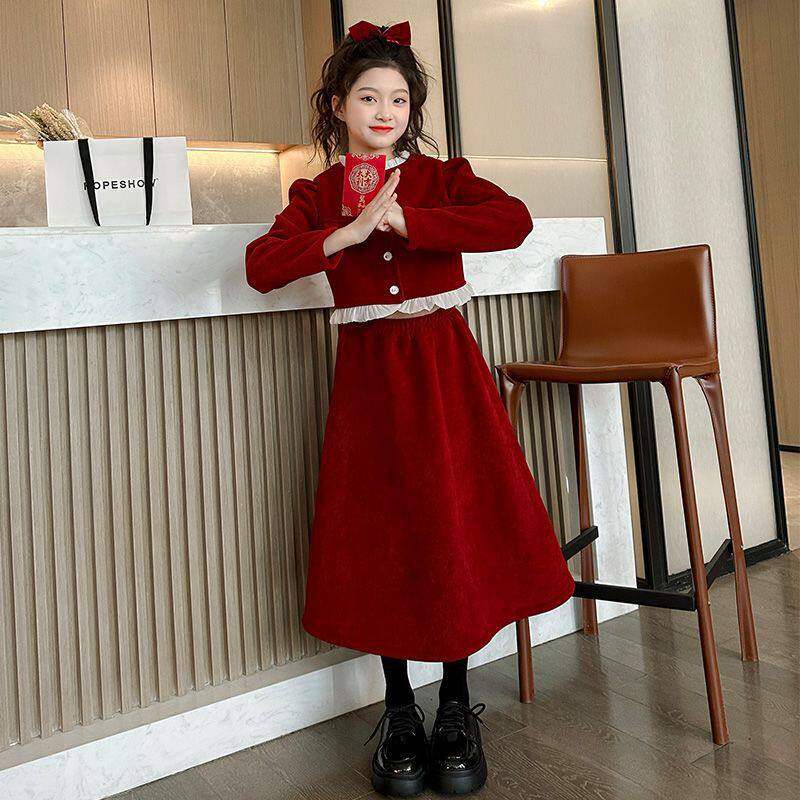 女童小香风套装裙子秋冬中大儿童加厚洋气时髦红色新年装拜年衣服