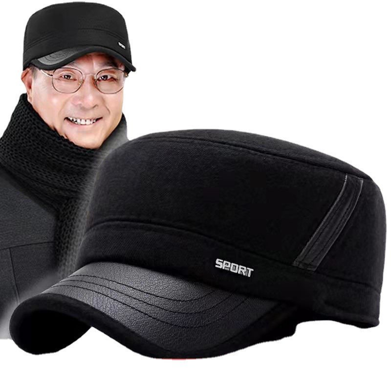 中老年男士帽子冬季护耳平顶帽老年人秋冬户外保暖棉帽毛呢平顶帽