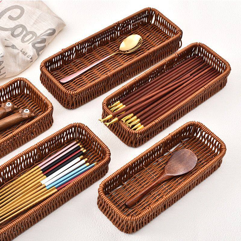 仿藤编桌面收纳盒厨房抽屉餐具沥水整理盒酒店刀叉勺分隔收纳篮子,厨房/烹饪用具,果蔬置物架/篮/框,淘宝优惠券,粉丝福利购,淘宝优惠卷