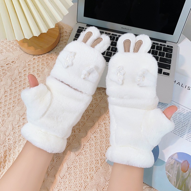 冬季加绒加厚保暖手套女捂脸眯眼兔耳朵半指可爱毛绒翻盖手套学生