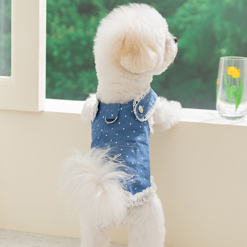 新款春夏季薄款狗狗衣服可牵引波点牛仔连衣裙猫咪裙子宠物衣服