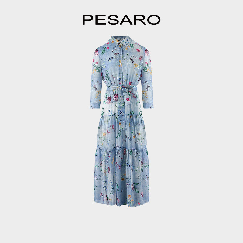 PESARO碎花连衣裙女长袖翻领收腰系带蛋糕裙摆蓝色长裙5109-2034