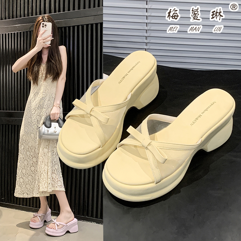 梅蔓琳法式厚底透气网纱蝴蝶结一字拖鞋女夏外穿不累脚坡跟凉拖鞋