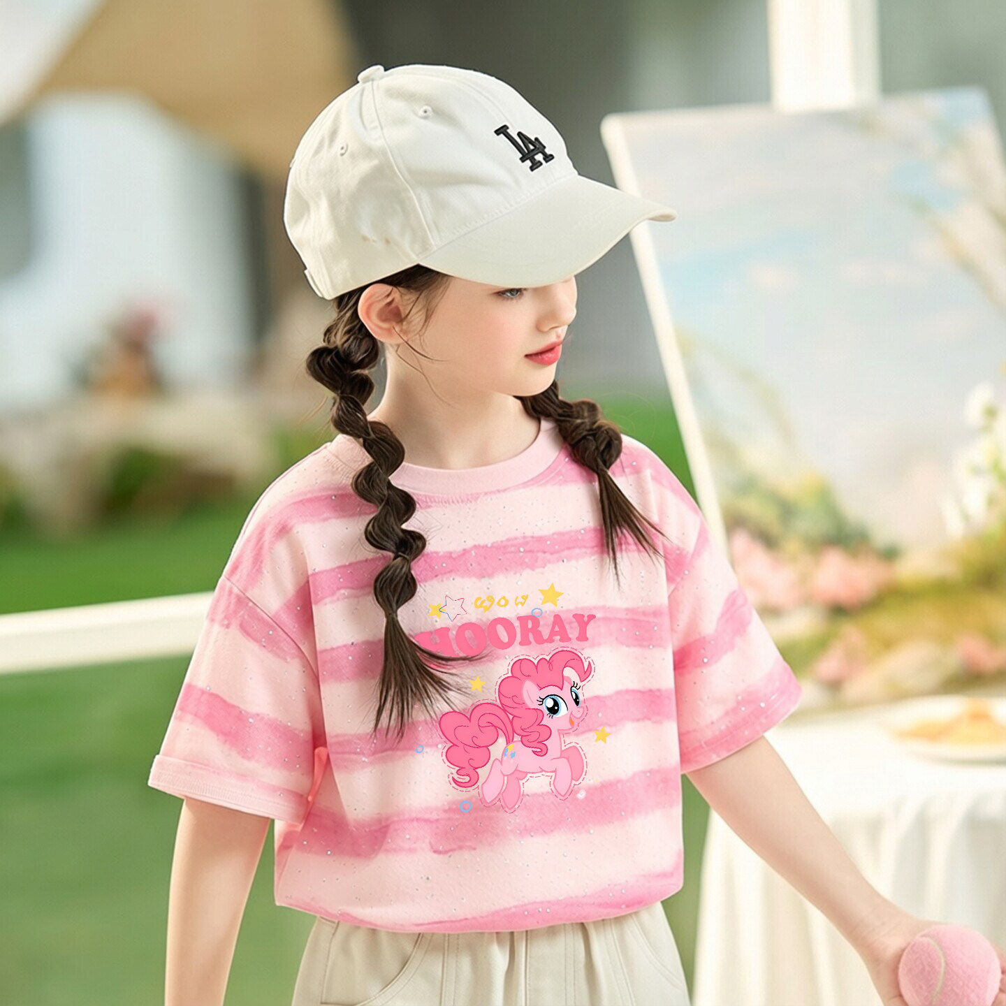 小马宝莉2026新款夏季蜡染亮片女童短袖棉亮片条纹潮流小学生T恤