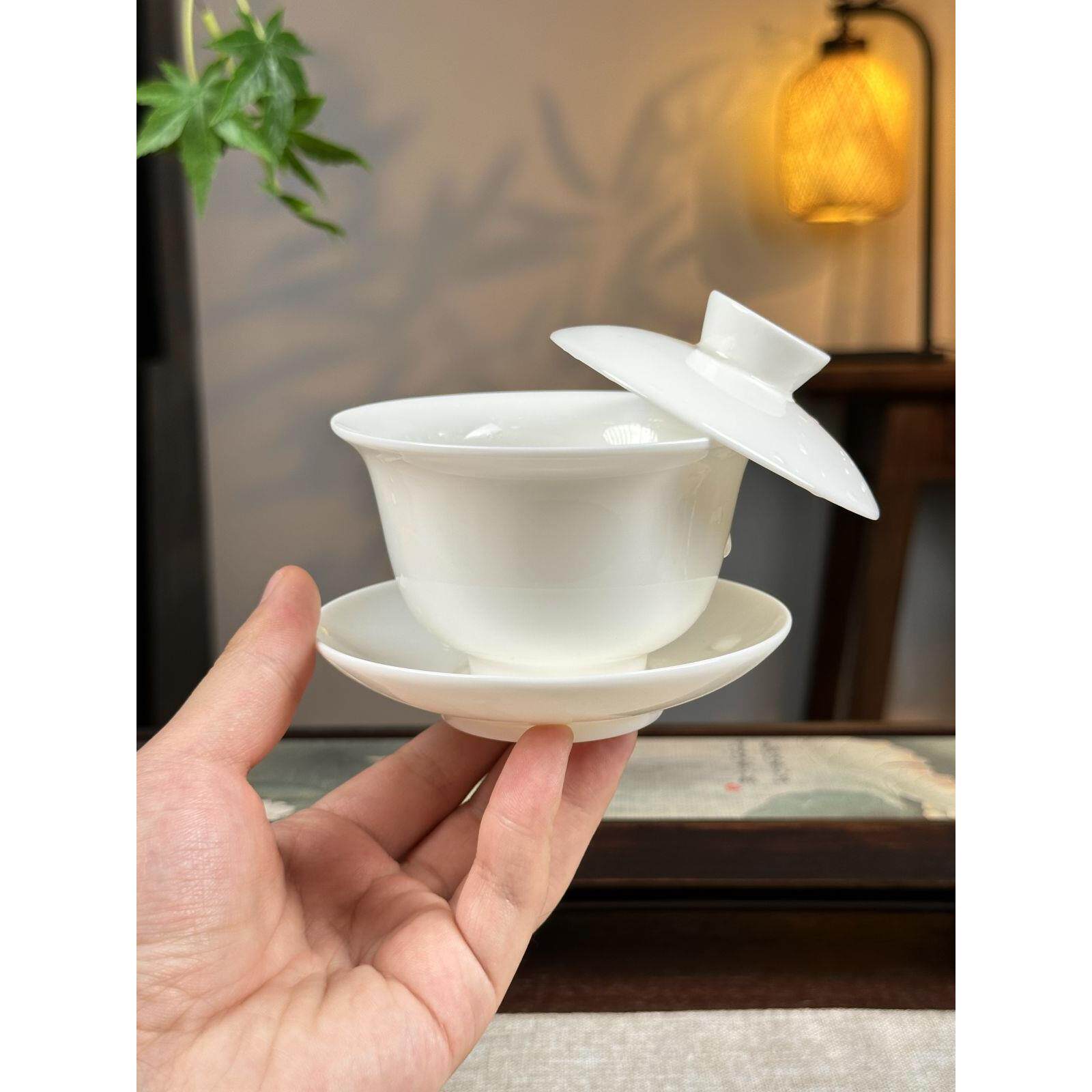 顶先 羊脂玉瓷纯白瓷三才盖碗单个可悬停泡茶碗茶杯陶瓷功夫茶具