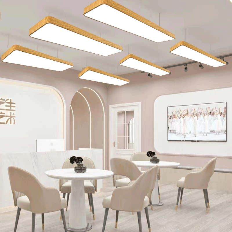 木纹长条吸顶灯原木风商用吊灯 舞蹈教室暖白光LED铁艺吸吊两用灯