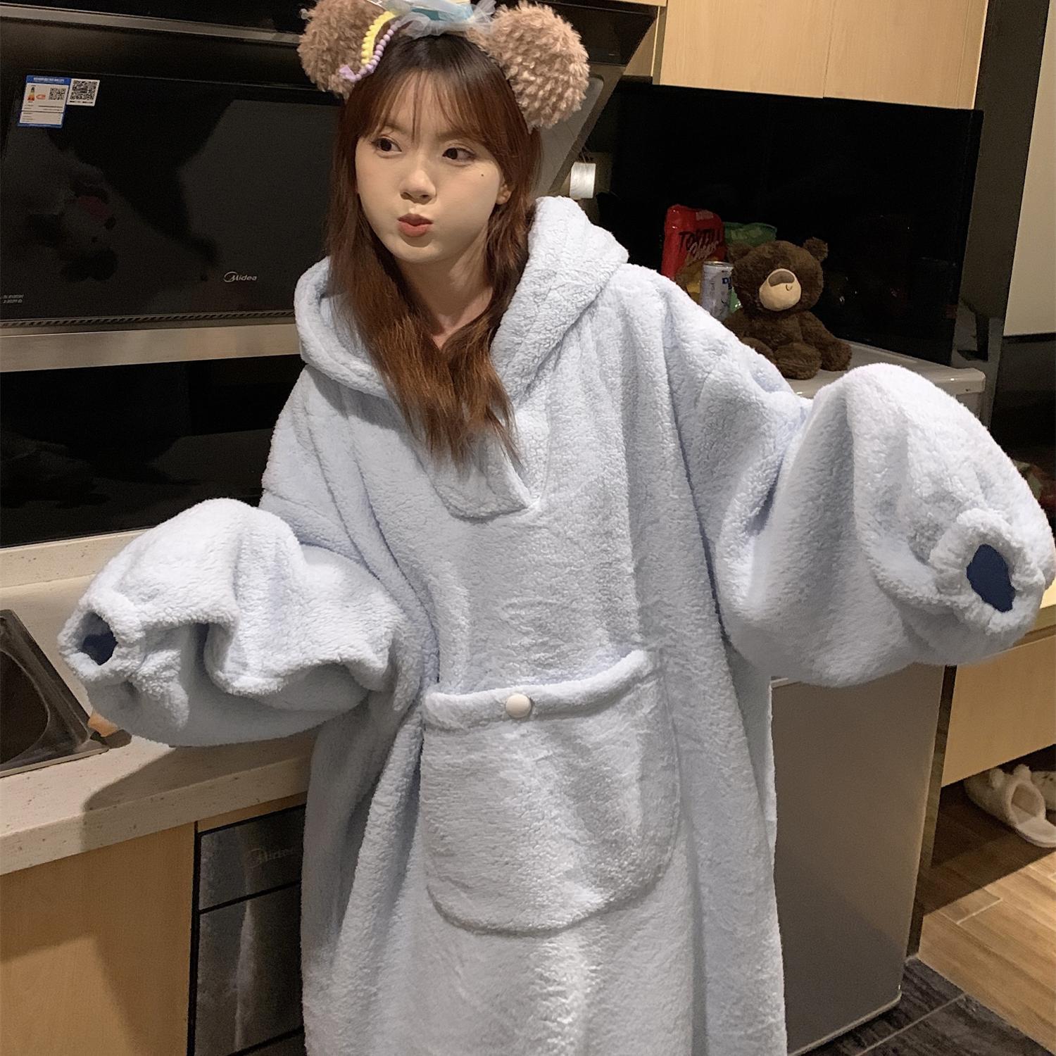 韩版可爱珊瑚绒睡袍女秋冬2025新款加绒加厚睡衣家居服睡裙可外穿
