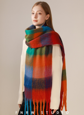 彩虹格子马海毛女秋冬围巾2025新款加厚保暖女生时尚高级撞色围脖