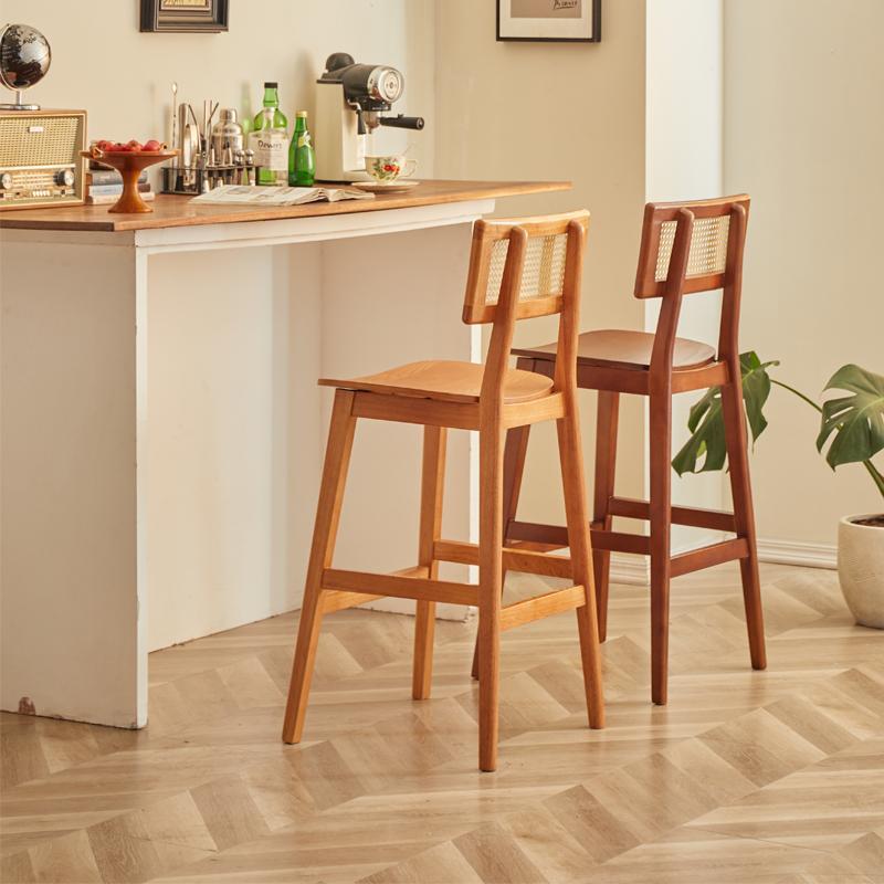 实木藤编吧台椅北欧复古家用岛台高脚椅中古设计师收银台靠背椅子