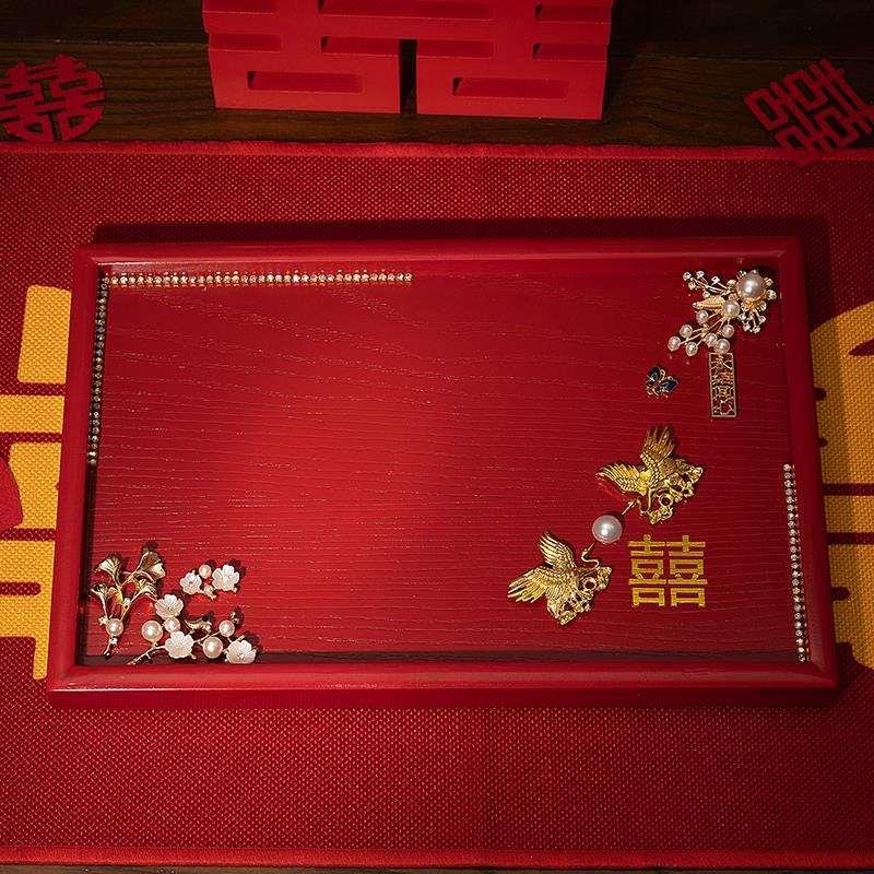 婚庆茶盘红色长方形实木质托盘结婚喜庆定制放茶杯果盘圆形敬茶盘
