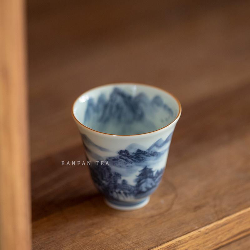 半梵景德镇老泥料青花瓷山水手绘岩茶品茗功夫茶具闻香主人杯茶杯