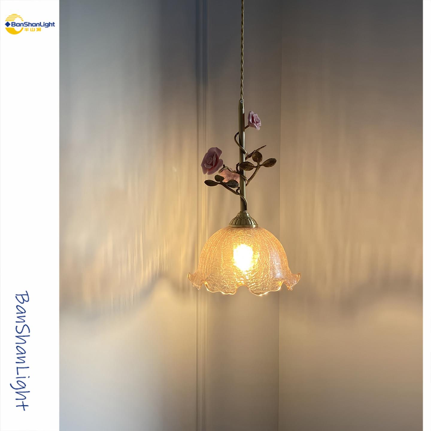 法式田园床头吊灯vintage中古书房玄关玫瑰花朵玻璃吧台小吊灯