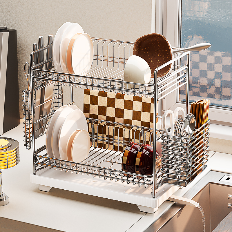 家白婕碗碟沥水架304不锈钢厨房置物架双层沥水碗盘架碗筷收纳层