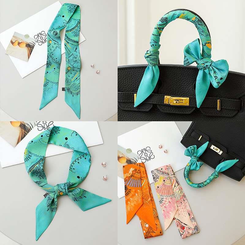 绿色橙色短窄长条小丝巾女绑包包带丝带提手柄手提包缠带发带装饰