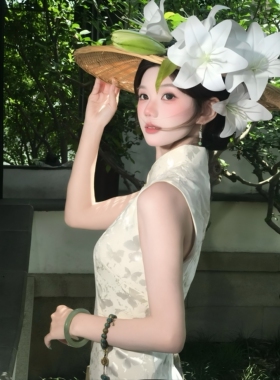 新中式仿真百合簪花斗笠帽
