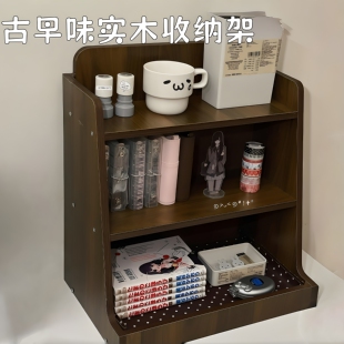 日式古早味木质收纳柜复古原木风书房多层杯架手办盲盒桌面置物架
