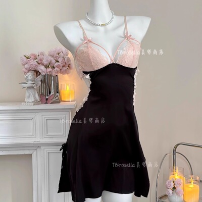 Rosella性感睡衣蕾丝纯欲风冰丝睡裙镂空美背法式氛围感显瘦睡裙