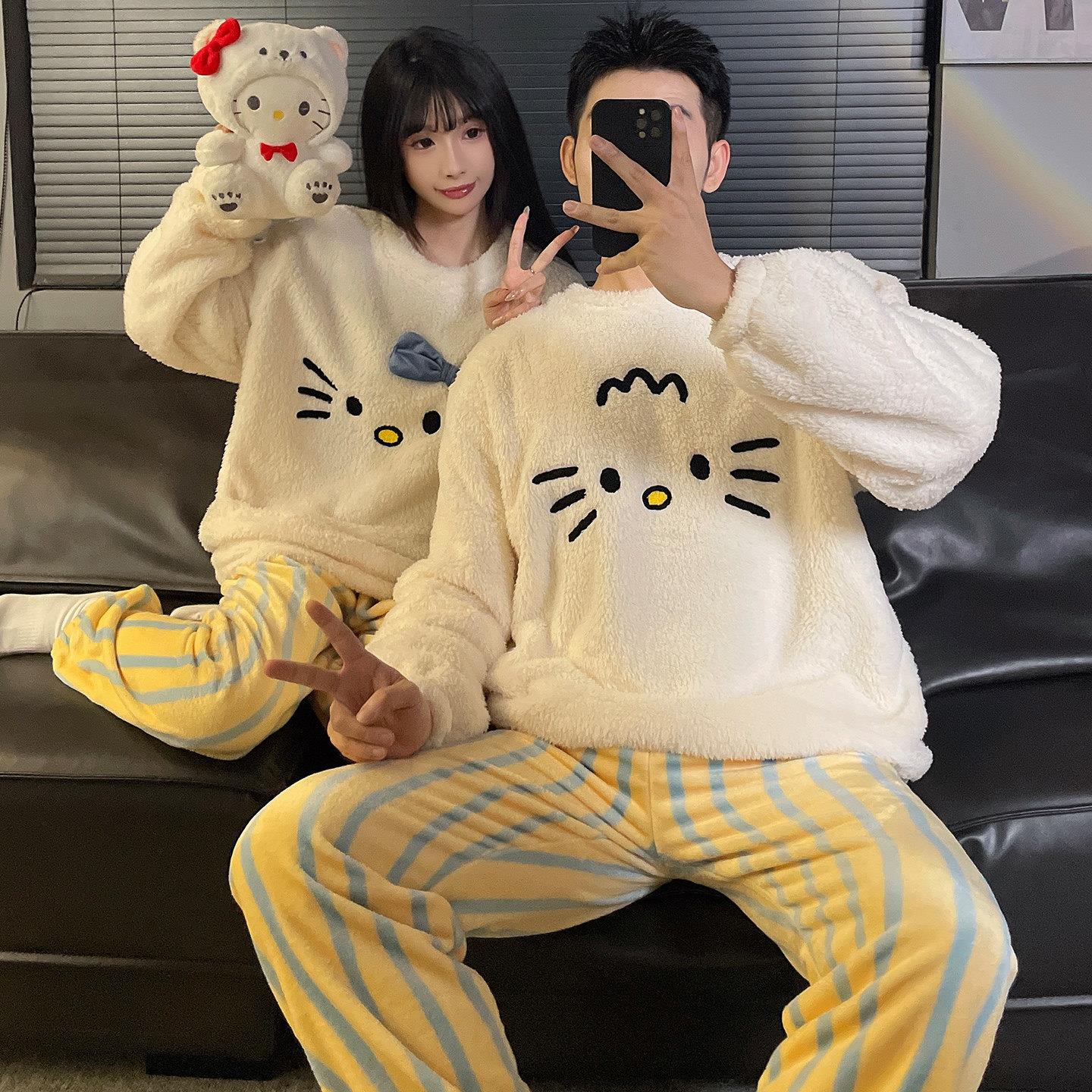 冬季情侣睡衣女可爱珊瑚绒两件套加绒加厚男士外穿家居服套装
