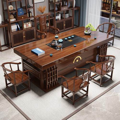 原木实木大板茶桌椅组合一桌五椅新中式家用茶几办公室泡茶台一体