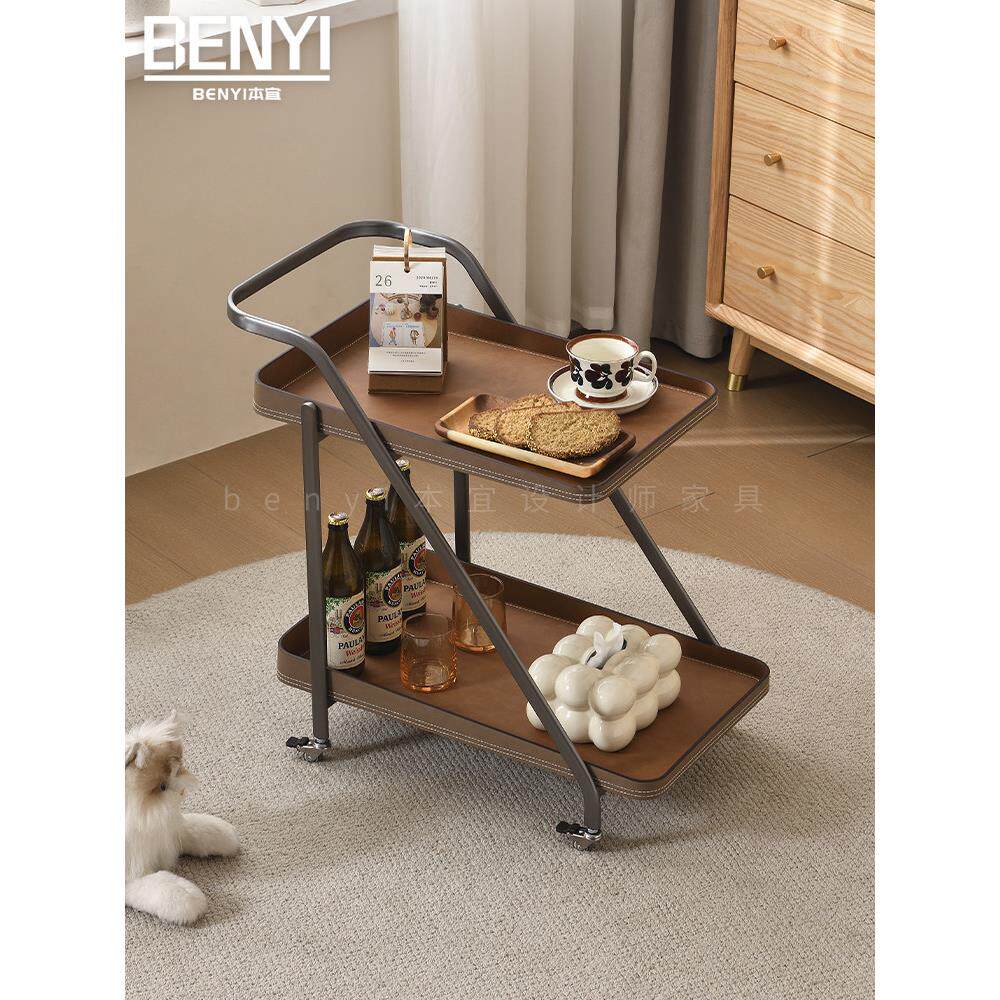 意式马鞍皮可移动家用不锈钢茶几客厅沙发边几角几卧室床头边柜