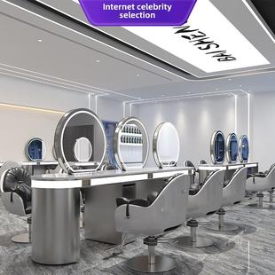 美发店镜台发廊专用一体式带灯柜大理石理发烫染桌单双面剪发镜子