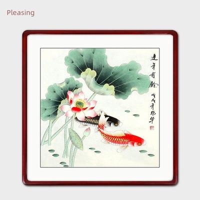 赏希手绘国画荷花鱼连年有余牡丹柿子玄关客厅餐厅背景墙中式挂画