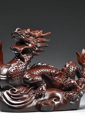 黑檀木质飞龙摆件实木雕刻十二生肖木头龙吉祥家居装饰木制工艺品