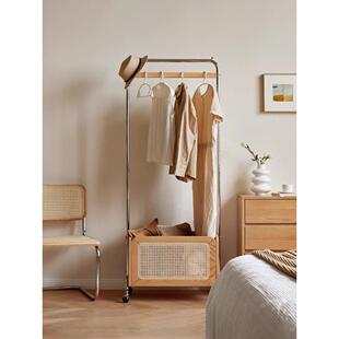 多功能衣帽架实木藤编覆古带轮子挂衣架卧室落地收纳柜一体置物架