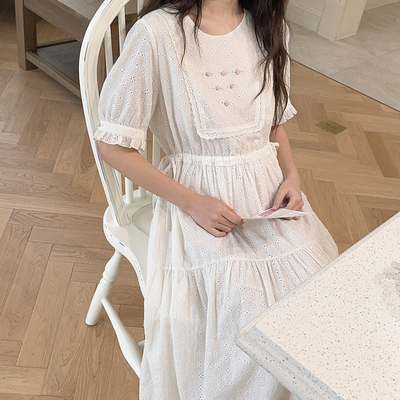 *复古满幅刺绣 蕾丝 花边 手工立体小花 白色 棉布 连衣裙