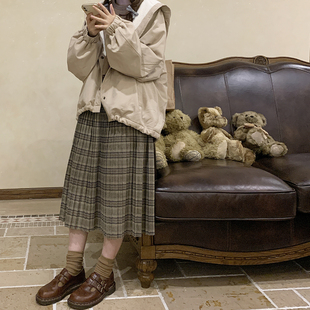 *处理 复古少女 打底裙 格子 压褶 半身 长裙