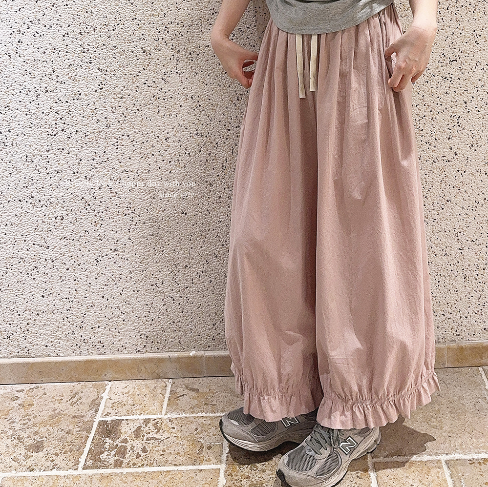 复古森林系 花边 豆绿色 灰粉色 叠穿内搭 宽松阔腿长裤 裤裙