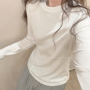 基础款 柔软保暖 新疆长绒棉 羊毛 百搭 奶白色 打底衫 长袖T恤