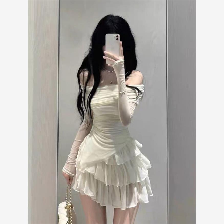 纯欲甜辣套装裙女修身显瘦长袖一字肩上衣辣妹高腰蛋糕短裙两件套