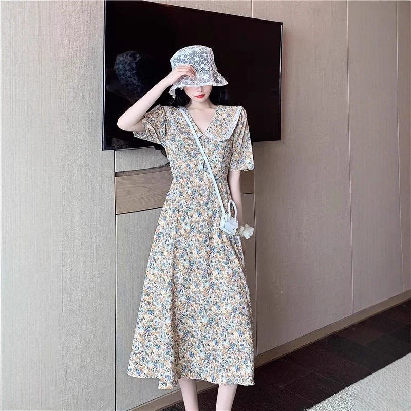 休闲女装夏胖mm娃娃领碎花连衣裙海边度假长裙显瘦减龄感裙子女装