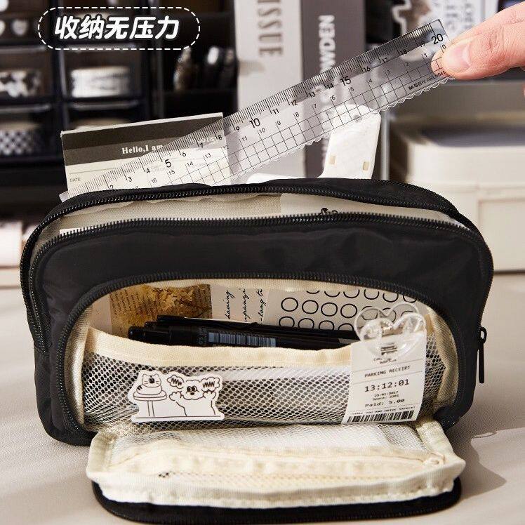 黑色耐脏大容量简约小众笔袋三层新款文具盒女学生初高中生文具袋