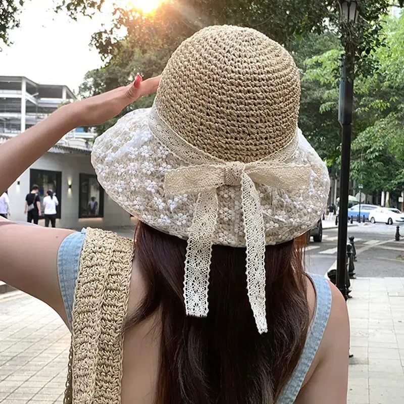 【度假出游】防晒帽蕾丝蝴蝶结女草帽透气百搭小白裙遮阳帽太阳帽
