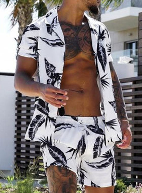 New rend Men Hawaiian Sets Summer Feather Printing Short Sle