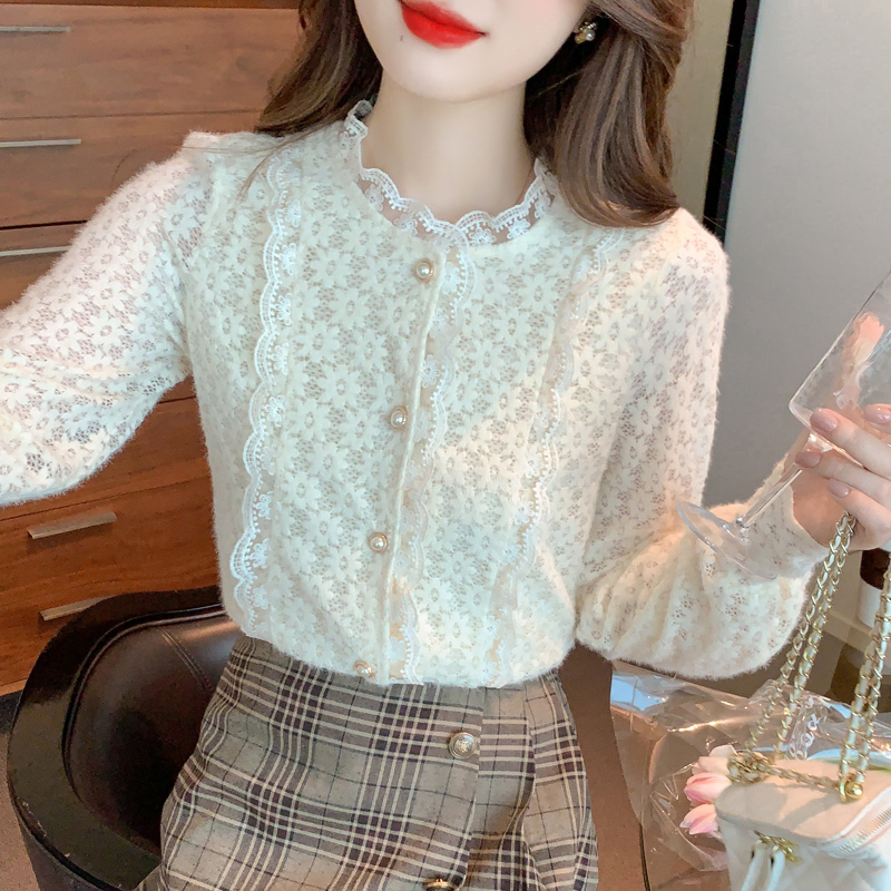 高级网纱蕾丝打底衫女春秋爆款衬衫秋季洋气漂亮小衫杏色修身上衣