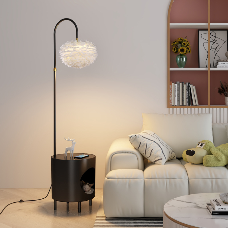 可置物架网红羽毛落地灯创意猫窝茶几一体客厅卧室床头灯北欧轻奢