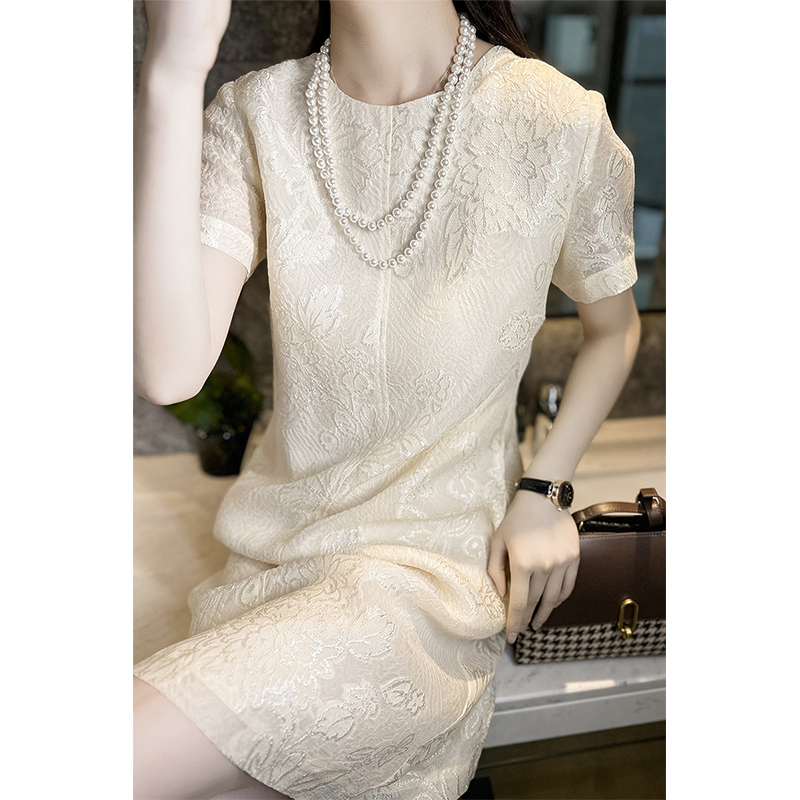 香港TIMO真丝剪花绡小个子法式赫本风贵气连衣裙女夏季蕾丝短裙子