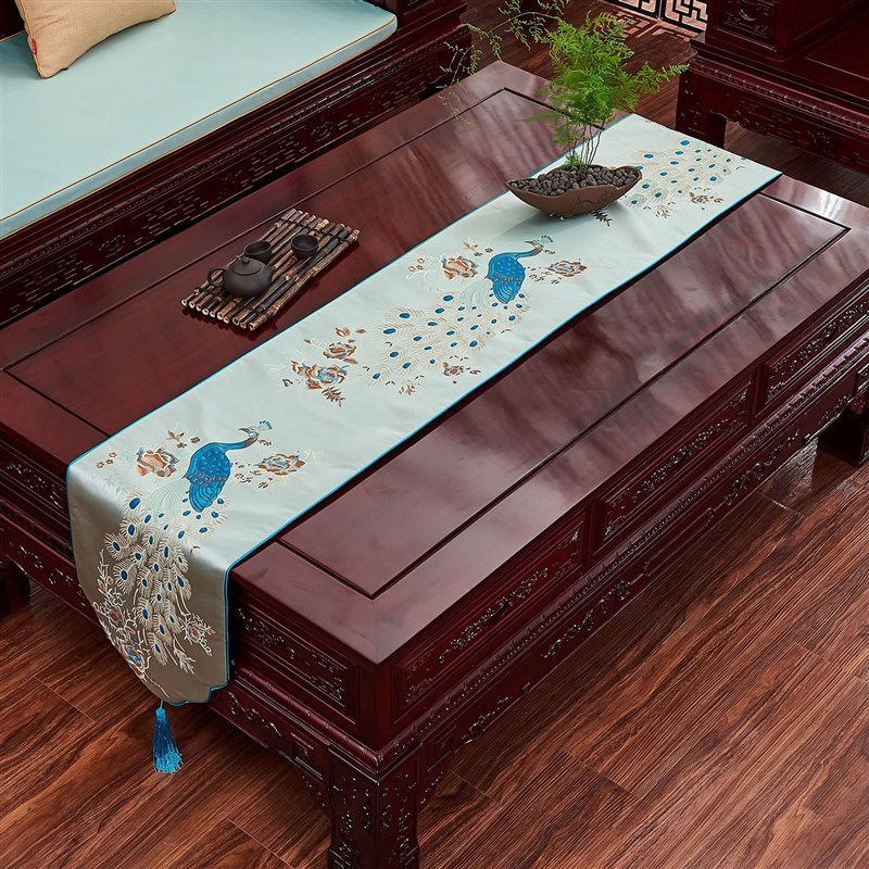 桌旗中式禅意现代简约新中式高档奢华孔雀蓝色茶几旗玄关鞋柜盖布