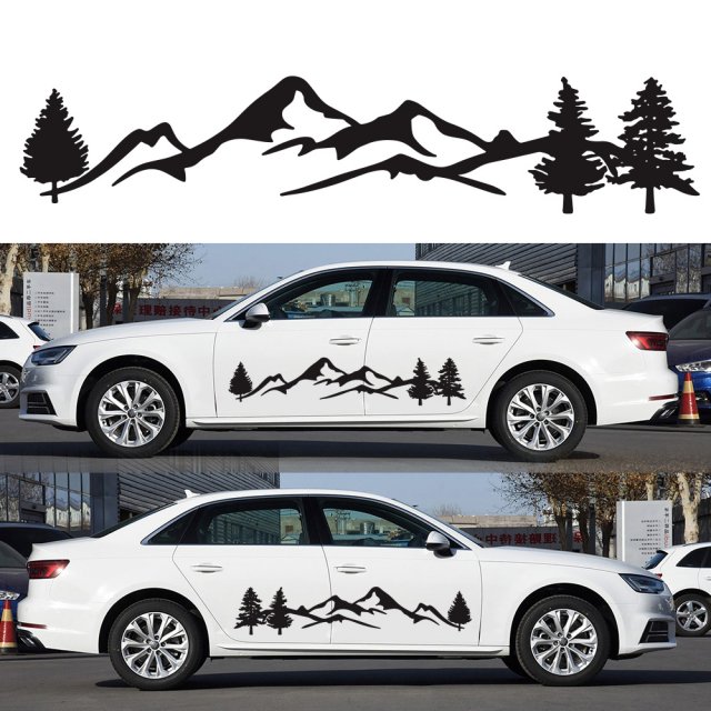 2Pcs Car Side Body Stickers Black Mountain Decals Tree Fores